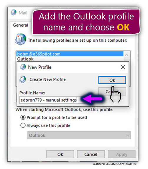 Configure Outlook to connect Gmail mailbox – manual settings - Create a new Outlook mail profile -04