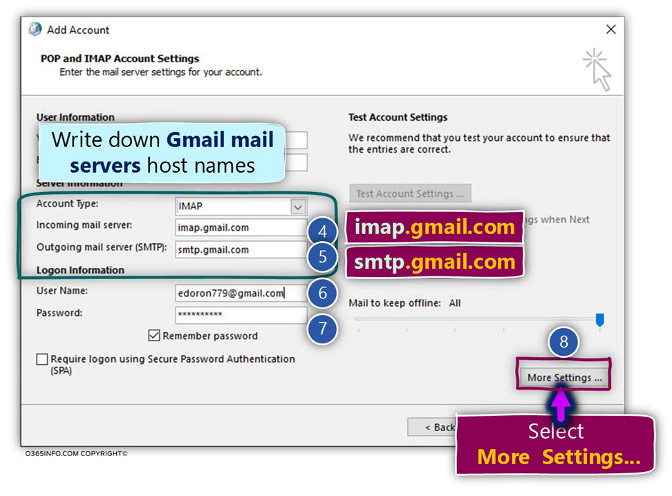 imap account settings for outlook office 365 gmail