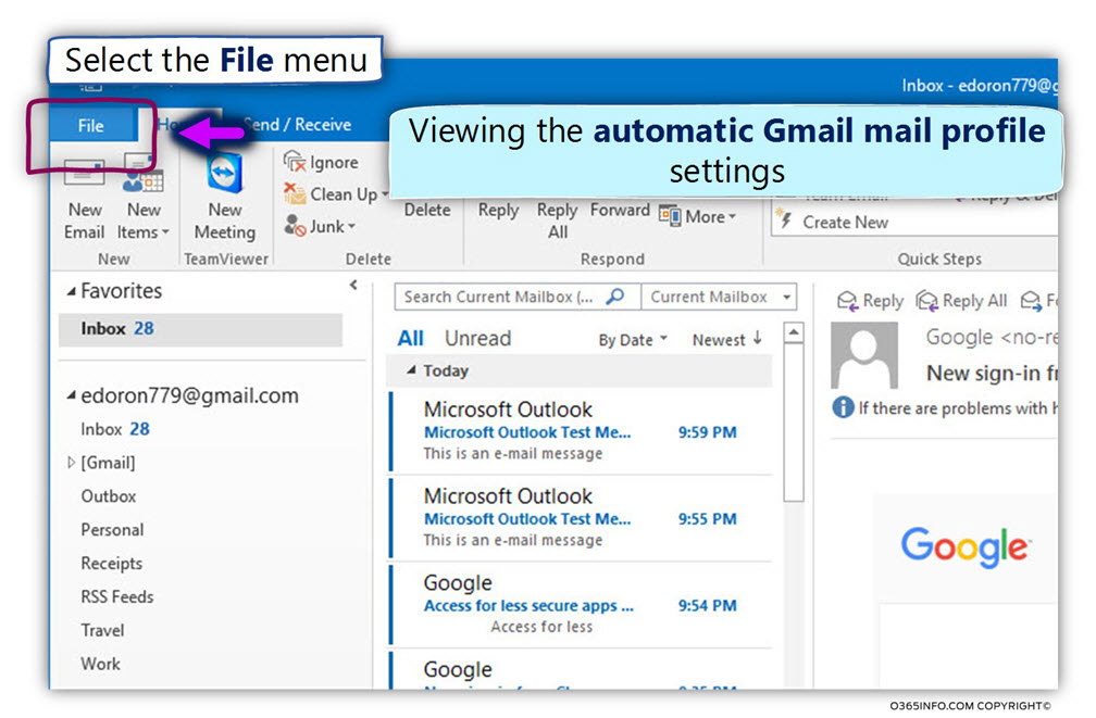 Outlook - View the automatic Gmail mail profile settings -02