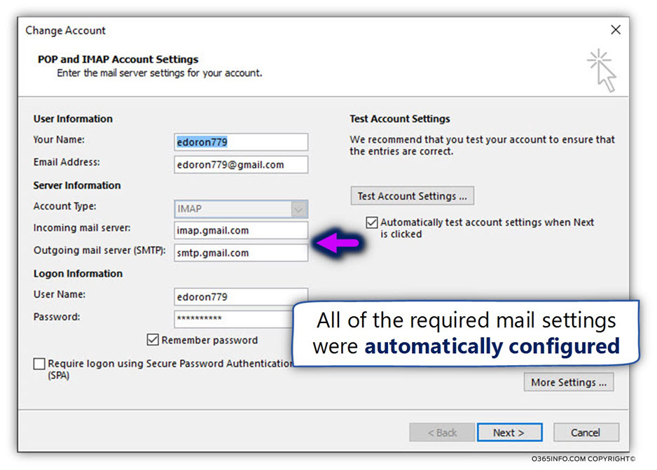 Outlook - View the automatic Gmail mail profile settings -05