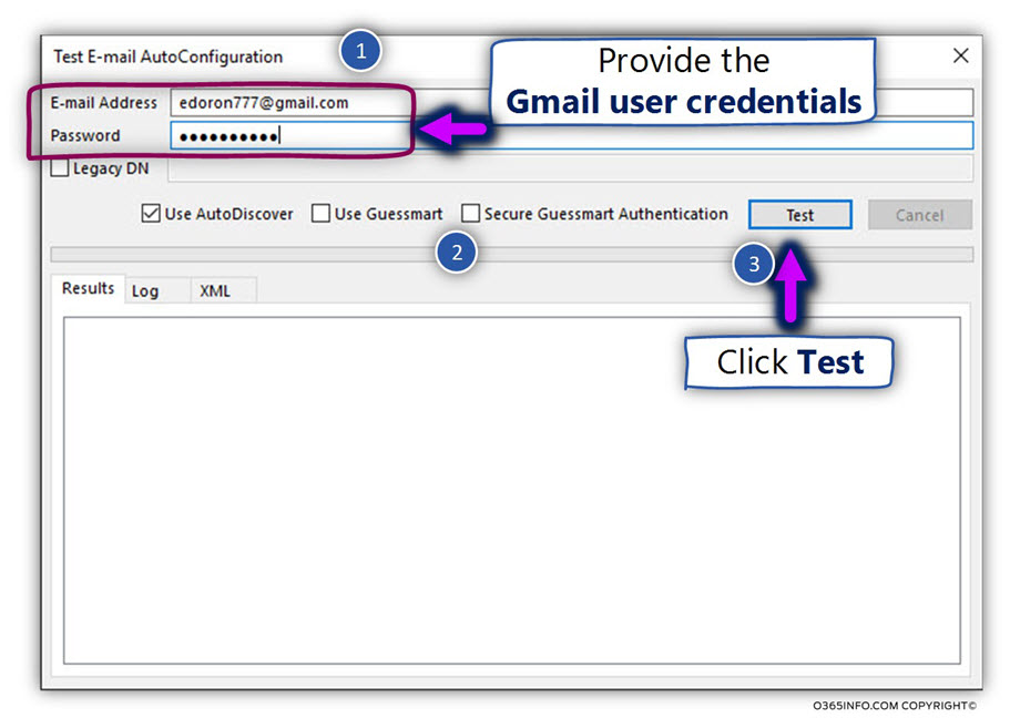 Outlook - View the automatic Gmail mail profile settings using Outlook Test E-mail AutoConfiguration -02