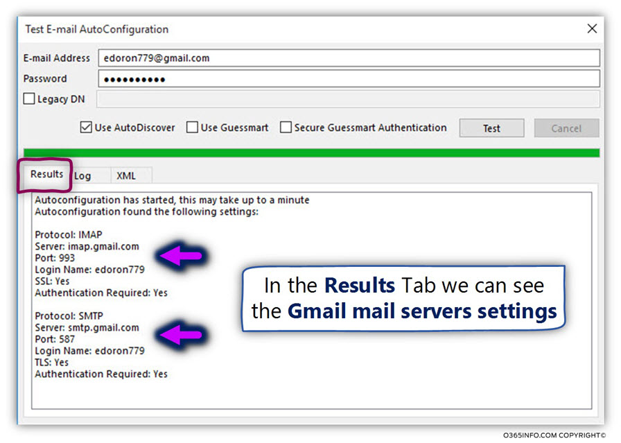Outlook - View the automatic Gmail mail profile settings using Outlook Test E-mail AutoConfiguration -03