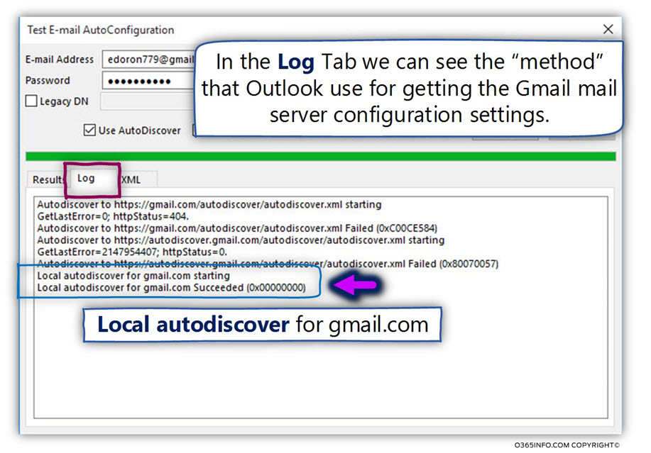 Outlook - View the automatic Gmail mail profile settings using Outlook Test E-mail AutoConfiguration -04