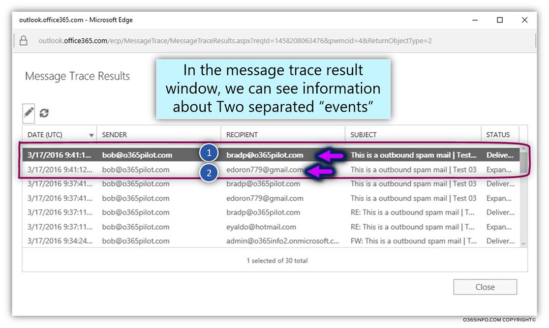 Using the Exchange Online message trace for getting information about a possible event of outbound spam -05