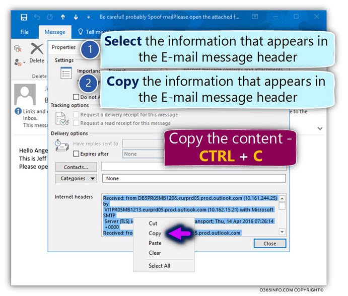 Analyzing the E-mail message header – SPF fail using Exchange remote connectivity analyzer -02