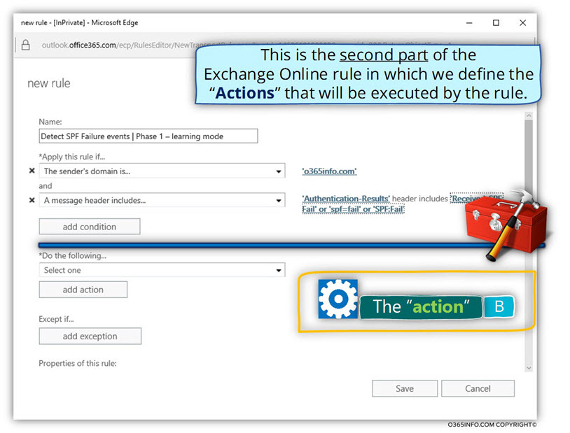 Detect SPF Failure events - Phase 1 – learning mode – Exchange Online rule – the action -01