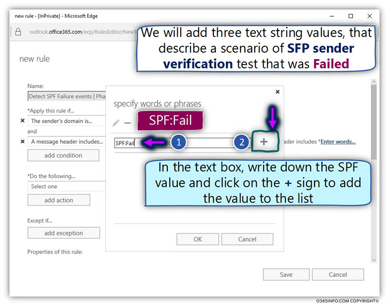 Detect SPF Failure events - Phase 1 – learning mode – Exchange Online rule – the condition -12