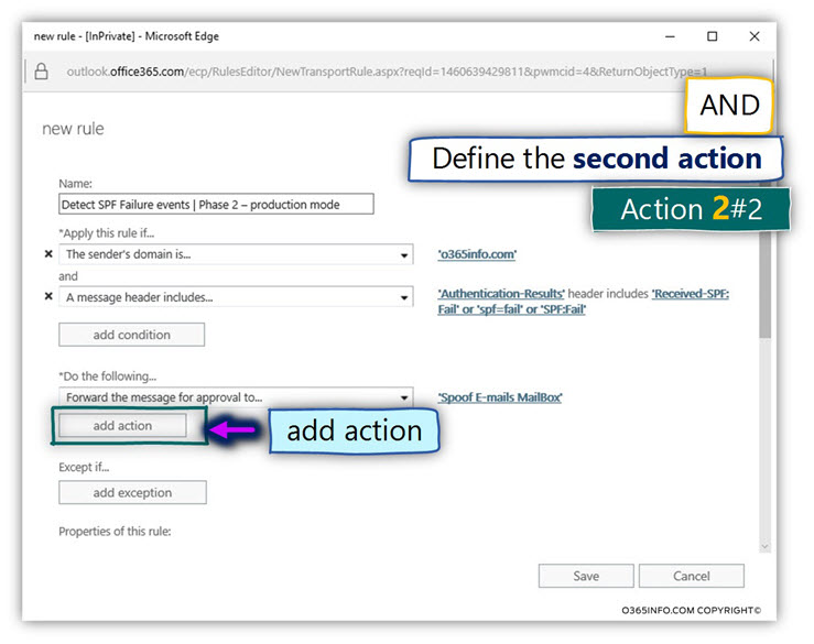 Detect SPF Failure events - Phase 2 – production mode – Exchange rule – action -05