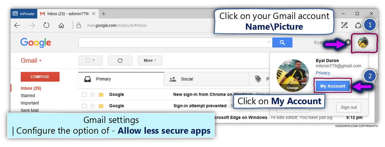 Gmail password - Allow less secure apps - ON - Configure Outlook to connect Gmail mailbox -01