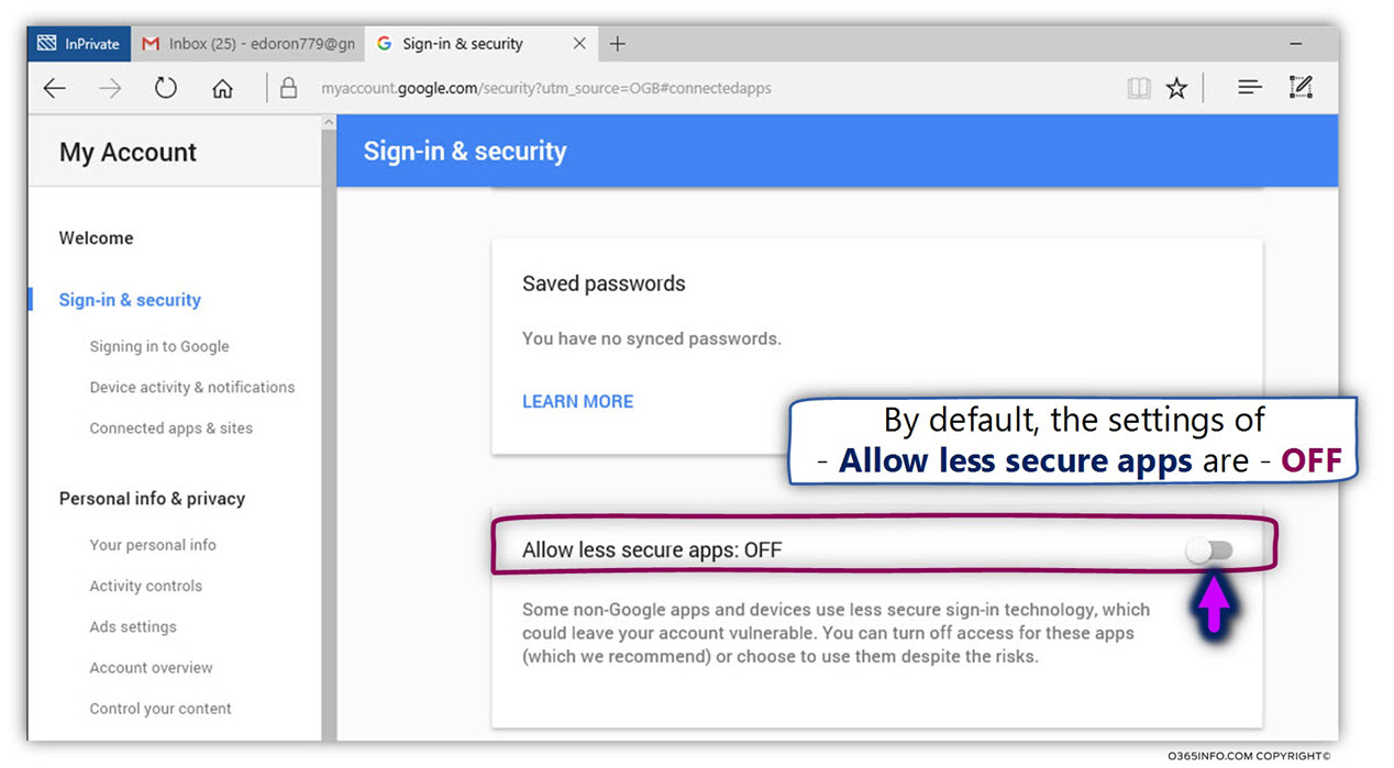 Gmail password - Allow less secure apps - ON - Configure Outlook to connect Gmail mailbox -03