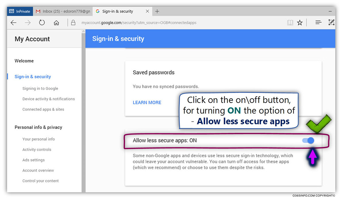 Gmail password - Allow less secure apps - ON - Configure Outlook to connect Gmail mailbox -04