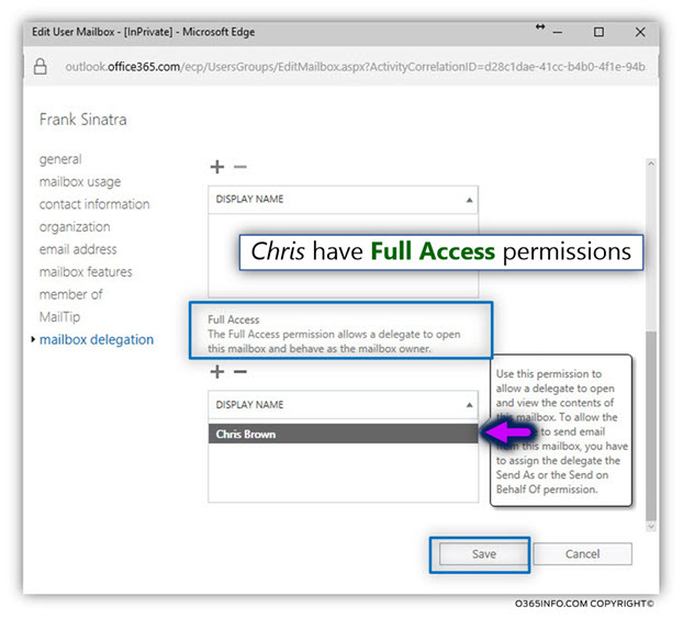 Assign Full access permissions to Exchange Online mailbox -04