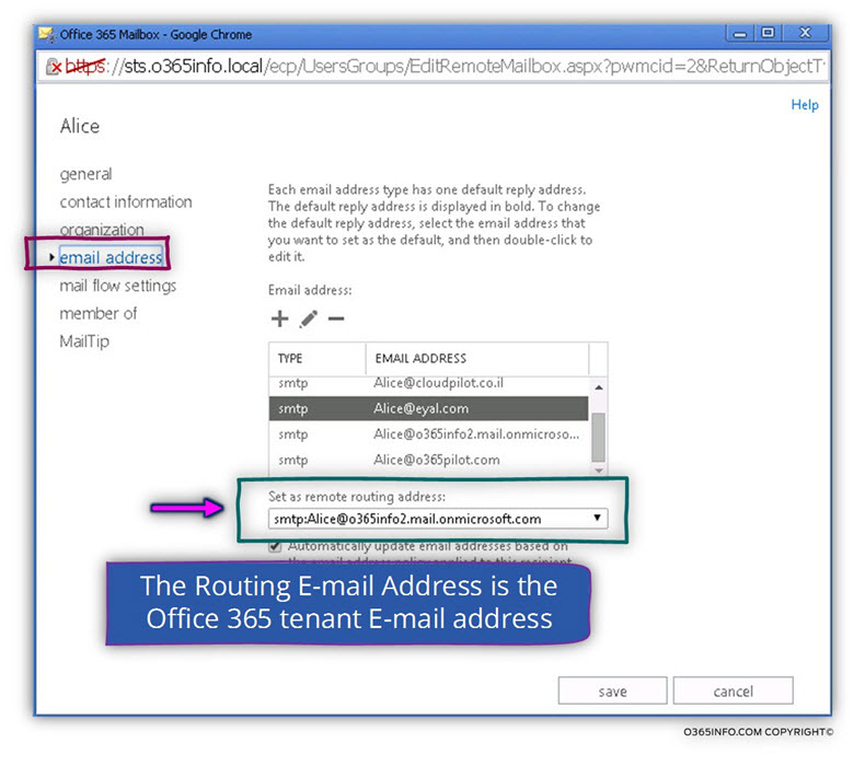 Exchange hybrid - Routing E-mail address -external E-mail address- Exchange -2013