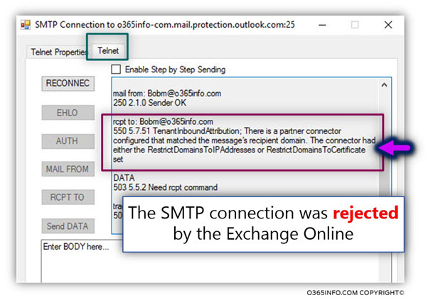 Testing SMTP connection to Exchange Online – NON approved IP address -02