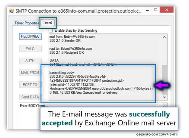 Testing SMTP connection to Exchange Online mail server – approved IP address -02