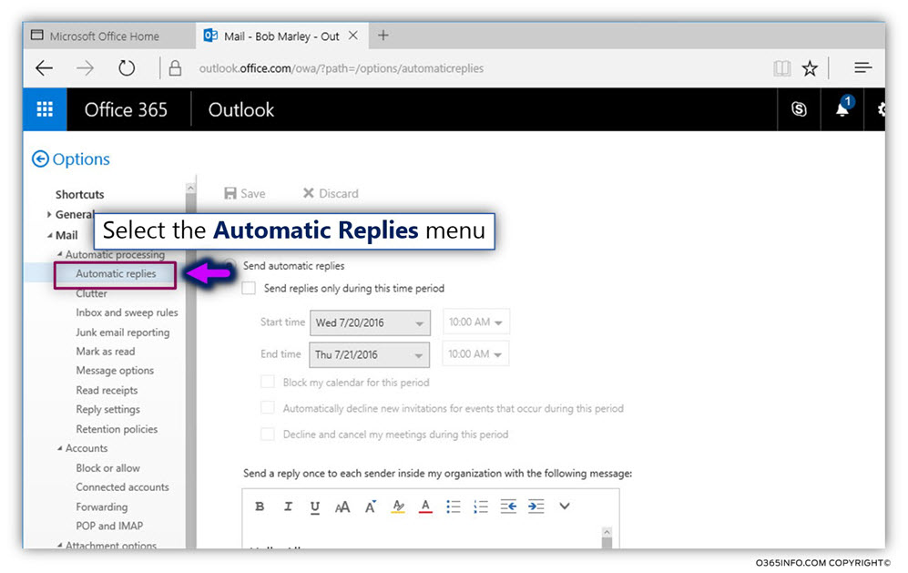 Configuring Automatic Replies - Out of office – using Owa -03