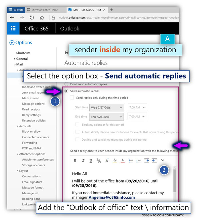 Configuring Automatic Replies - Out of office – using Owa -05
