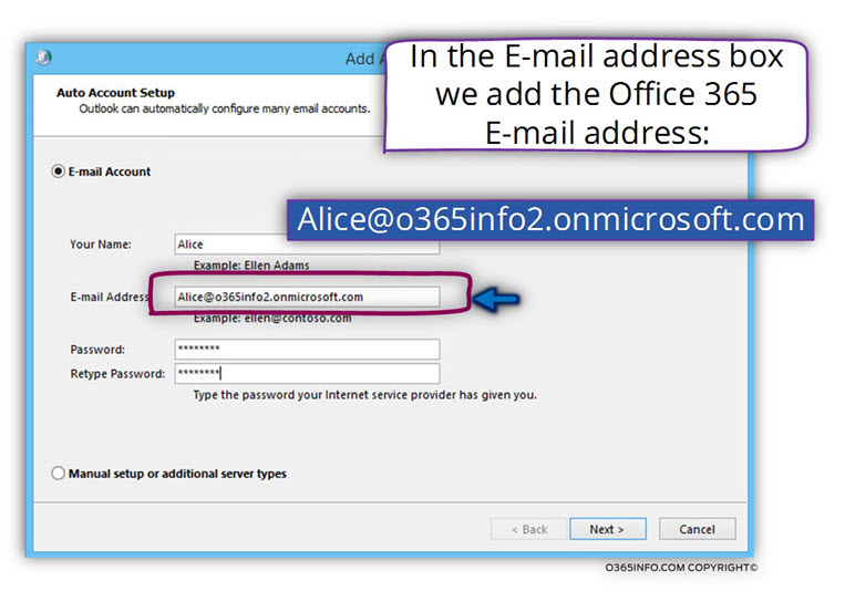Creating a new Outlook mail profile using the onmicrosoft E-mail address 05