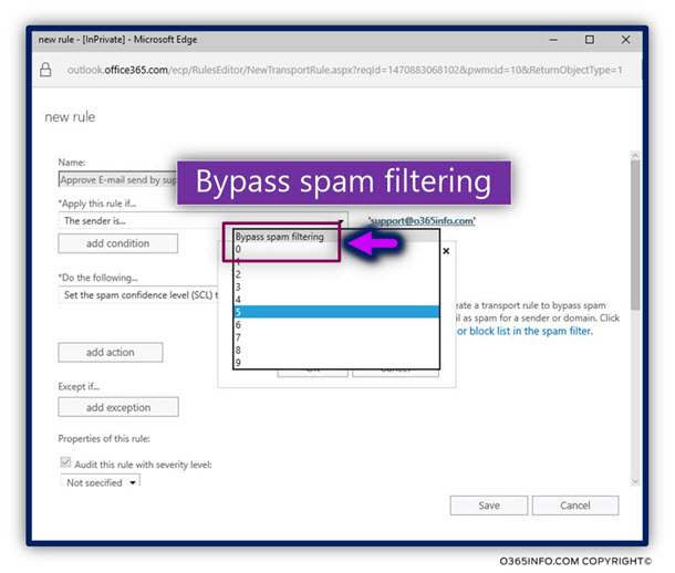 Configuring bypass spam rule using Exchange Online for a specific sender -11