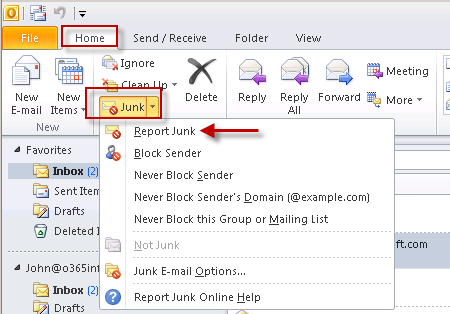 Microsoft Junk E-mail Reporting Add-in -report email as SPAM