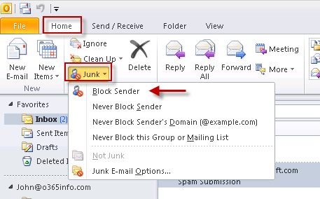 Outlook Junk option - Add a sender to the Blocked Senders list