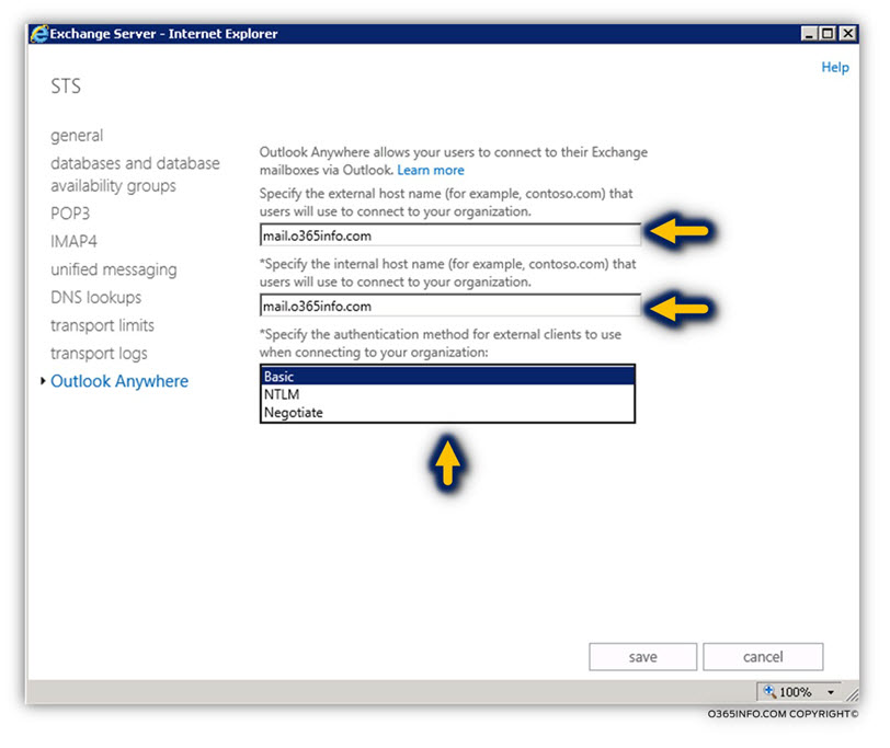 Exchange 2013 CAS server Outlook Anywhere settings