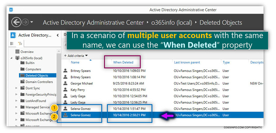 Restoring deleted user account - Active Directory recycle bin graphic interface – Server 2012 -08