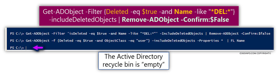 Using the command Get-ADObject -includeDeletedObjects -12