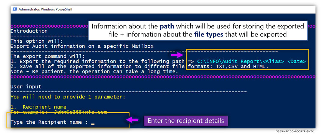 Export information to files using the o365info PowerShell script -02-