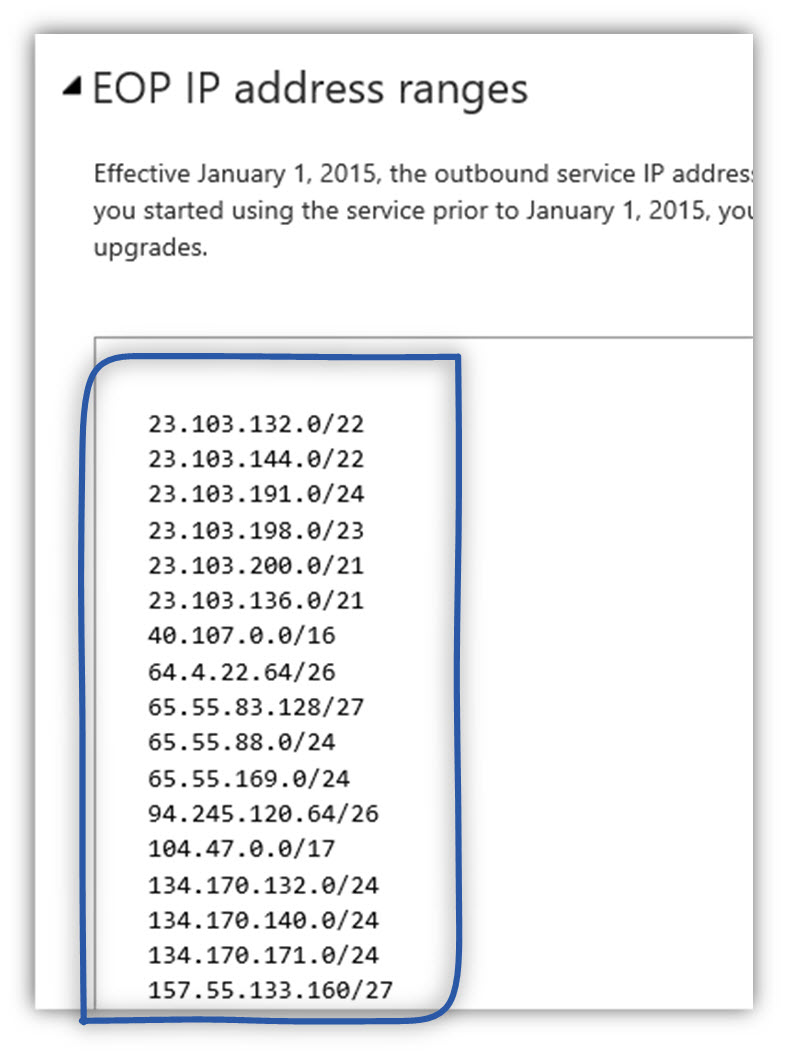 Verify if the IP address appear as the Office 365 Microsoft published IP range