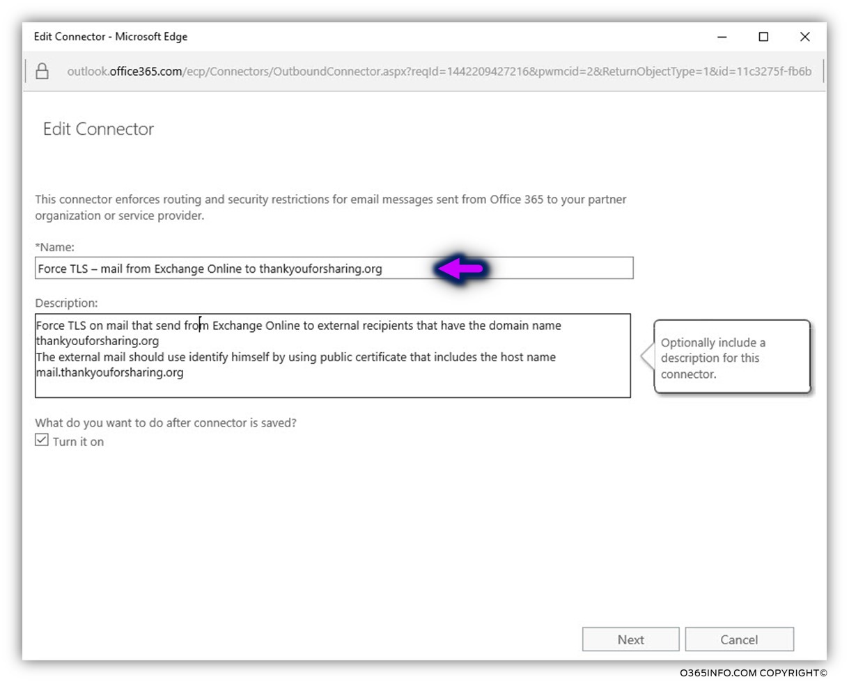 Creating the required configuration for force TLS - Exchange Online send connector -03