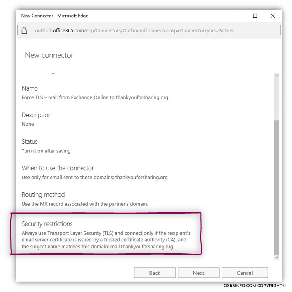 Creating the required configuration for force TLS - Exchange Online send connector -07