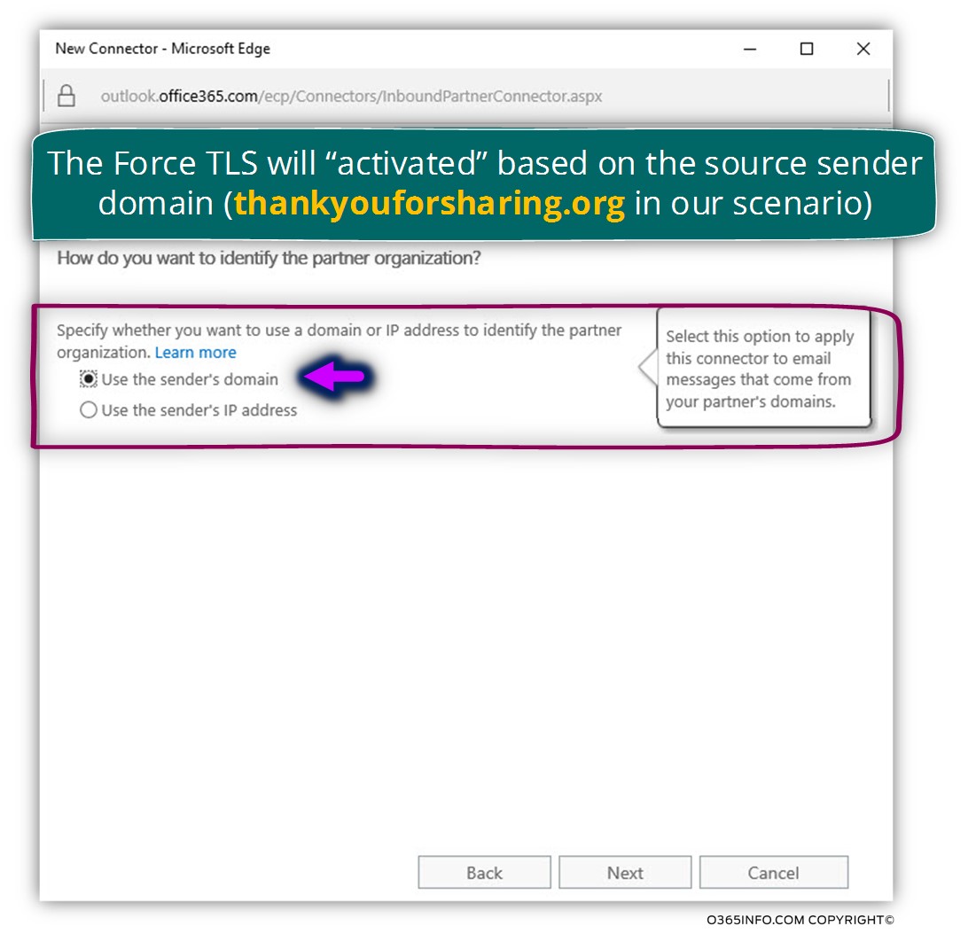 Exchange Online - Create new inbound connector and set the required configuration setting for force TLS - 04