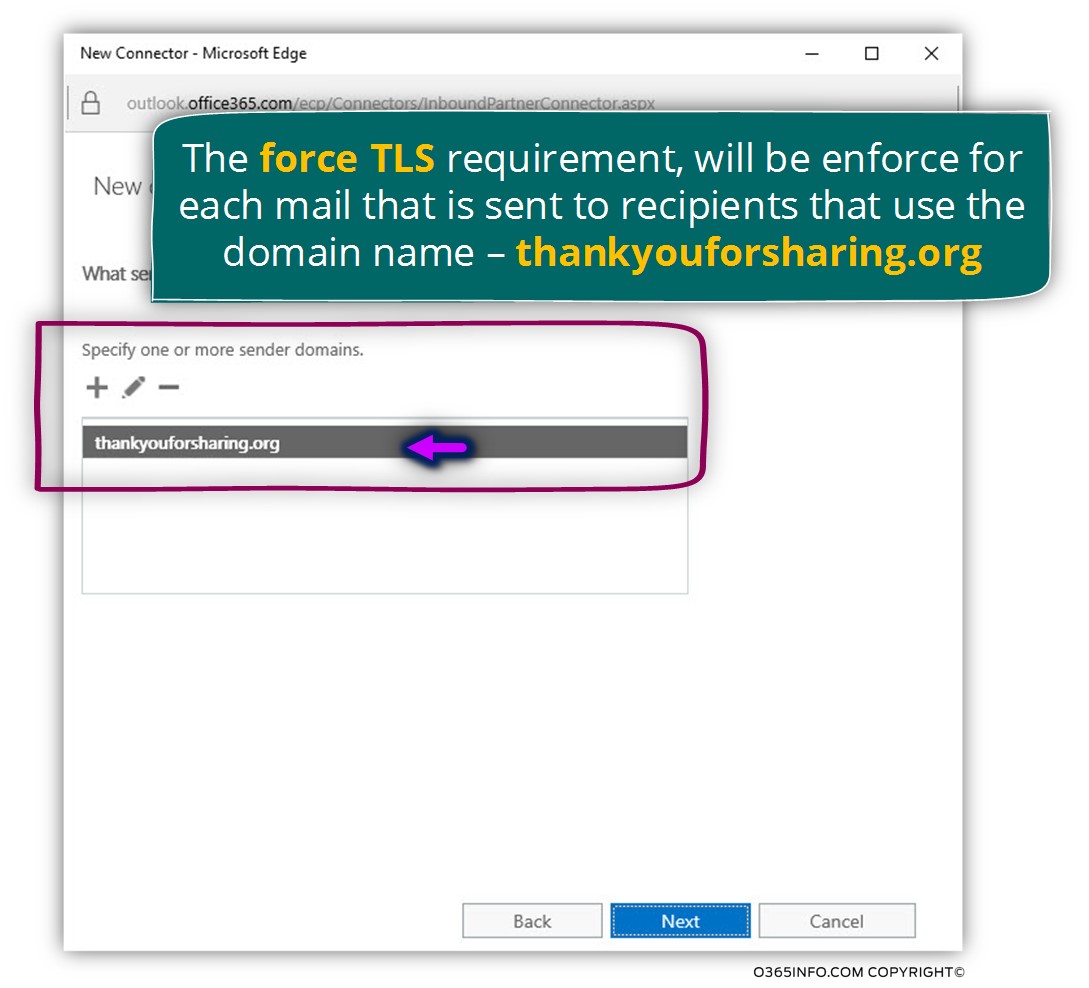 Exchange Online - Create new inbound connector and set the required configuration setting for force TLS - 05