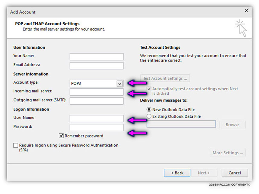 Configuring a temporary Outlook mail profile to use the option of Test E-mail AutoConfiguration -03