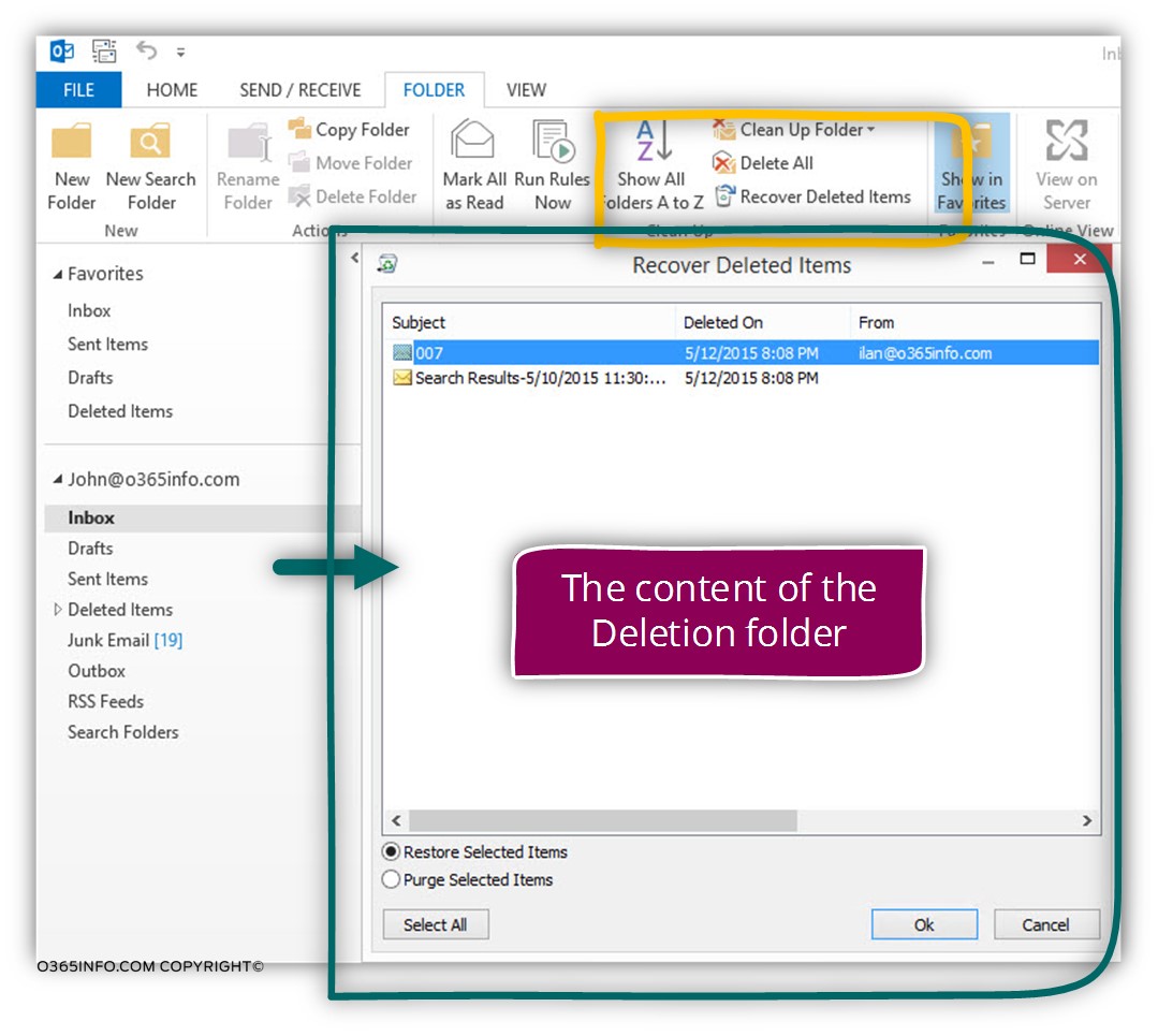 View the content of the Deletion folder by the user using Outlook