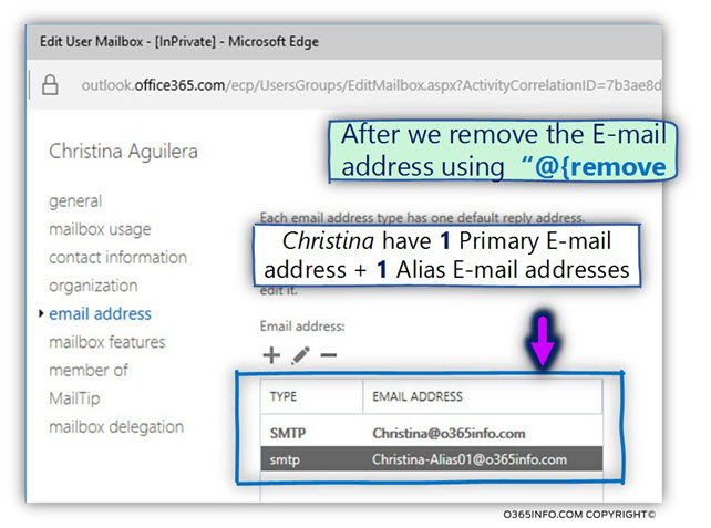 Deleting E-mail address from existing E-mail addresses using @ remove-02