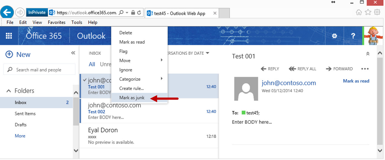 Reporting a specific mail item as a - SPAM mai by using OWA mail client 01.jpg