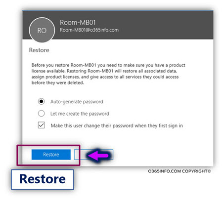 Restore the Soft deleted Exchange Online Room mailbox by restoring the Office 365 user account -02