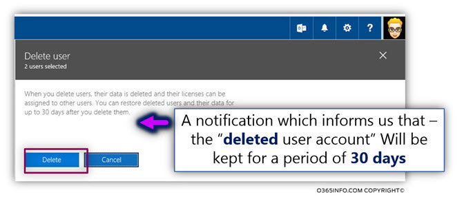 Simulate event of user mailbox deletion -deleting the Office 365 user account mailbox owner -02