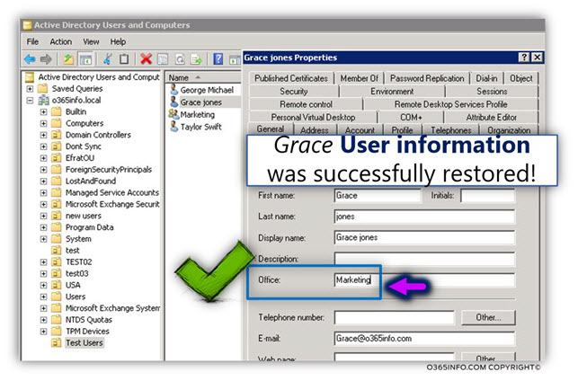 Verifying the Restore process of the original User account On-Premise Active Directory -03