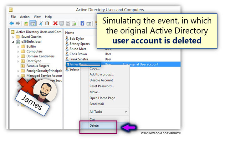 Simulating the event in which the original Active Directory user account is deleted -01