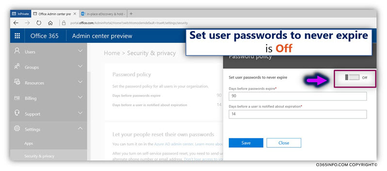 Set the Office 365 user password policy to never expire -03