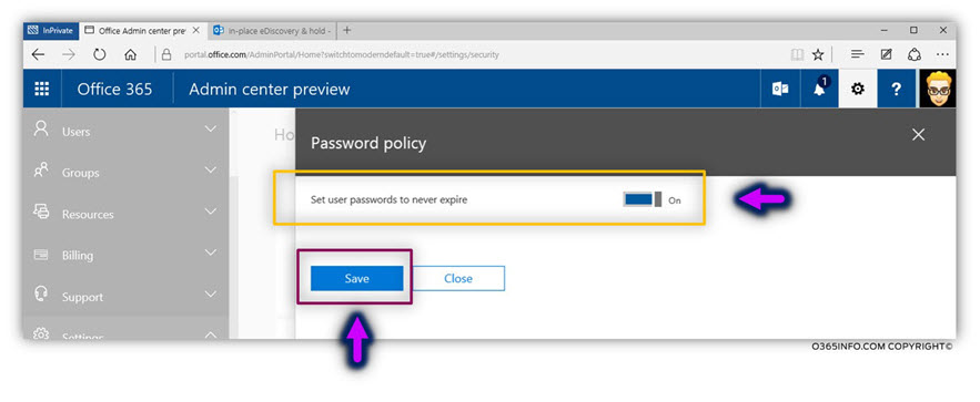 Set the Office 365 user password policy to never expire -04