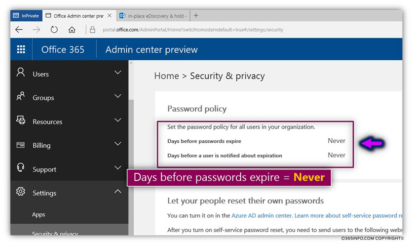 Set the Office 365 user password policy to never expire -06