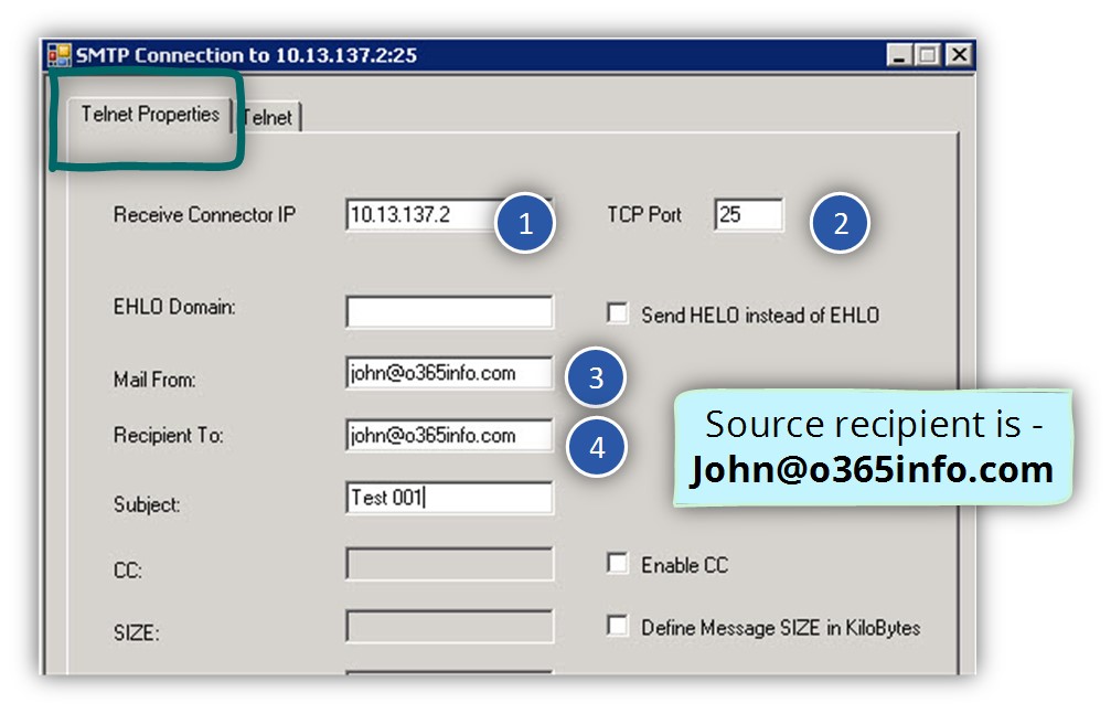 Test 1 – using SMTP mail relay - destination recipient -01