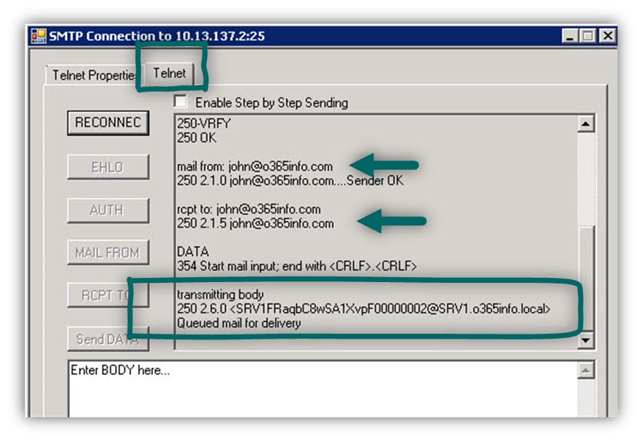 Test 1 – using SMTP mail relay - destination recipient -03