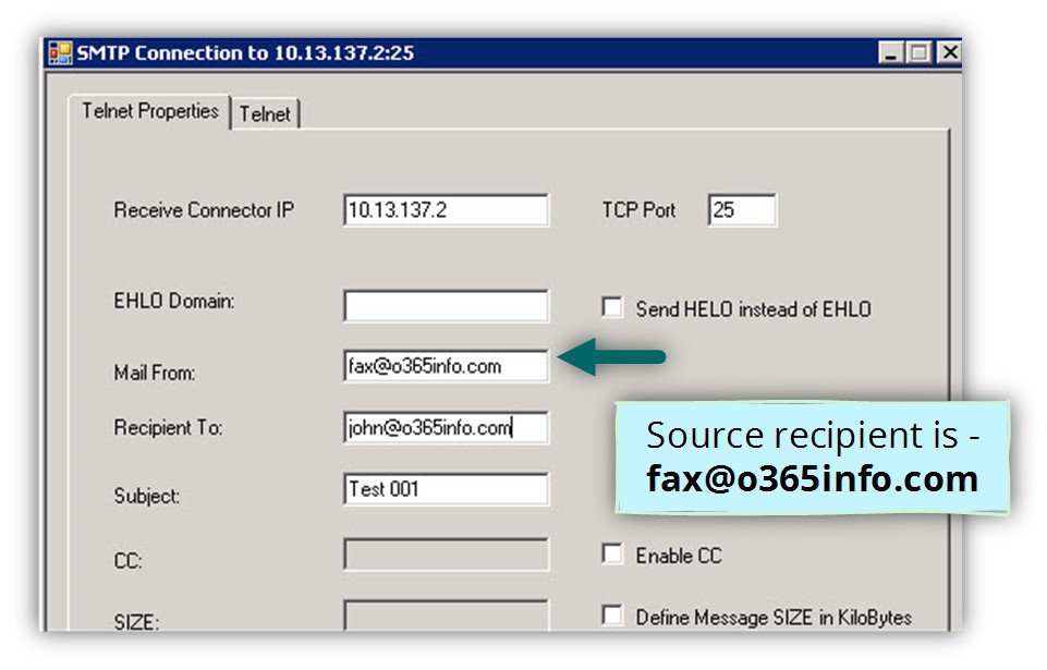 Test 2 – using SMTP mail relay - destination recipient -01