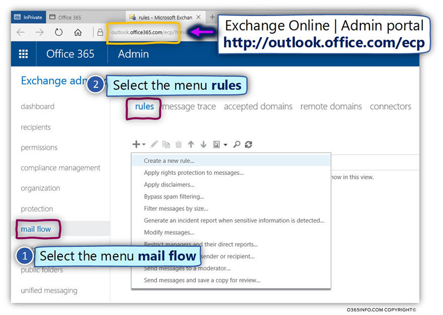 Login to Exchange Online admin portal and create a new rule ~01