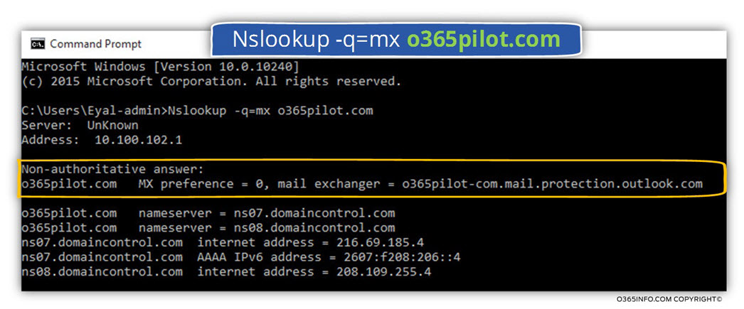 Get the host name of mail server by looking for the MX record using NSLOOKUP -01